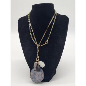 Women's Long Pendant Necklace Geode Gemstone Charms Gold Tone